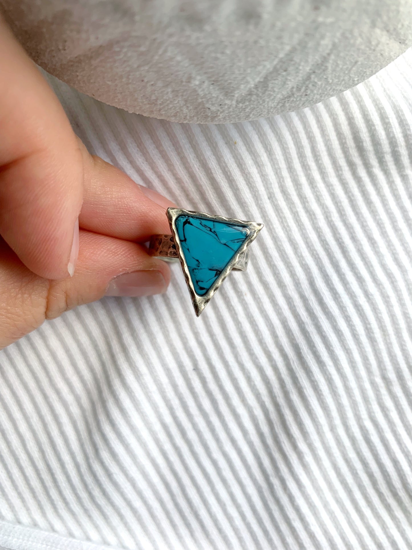 Triangle Turquoise Ring in Hammered Silver
