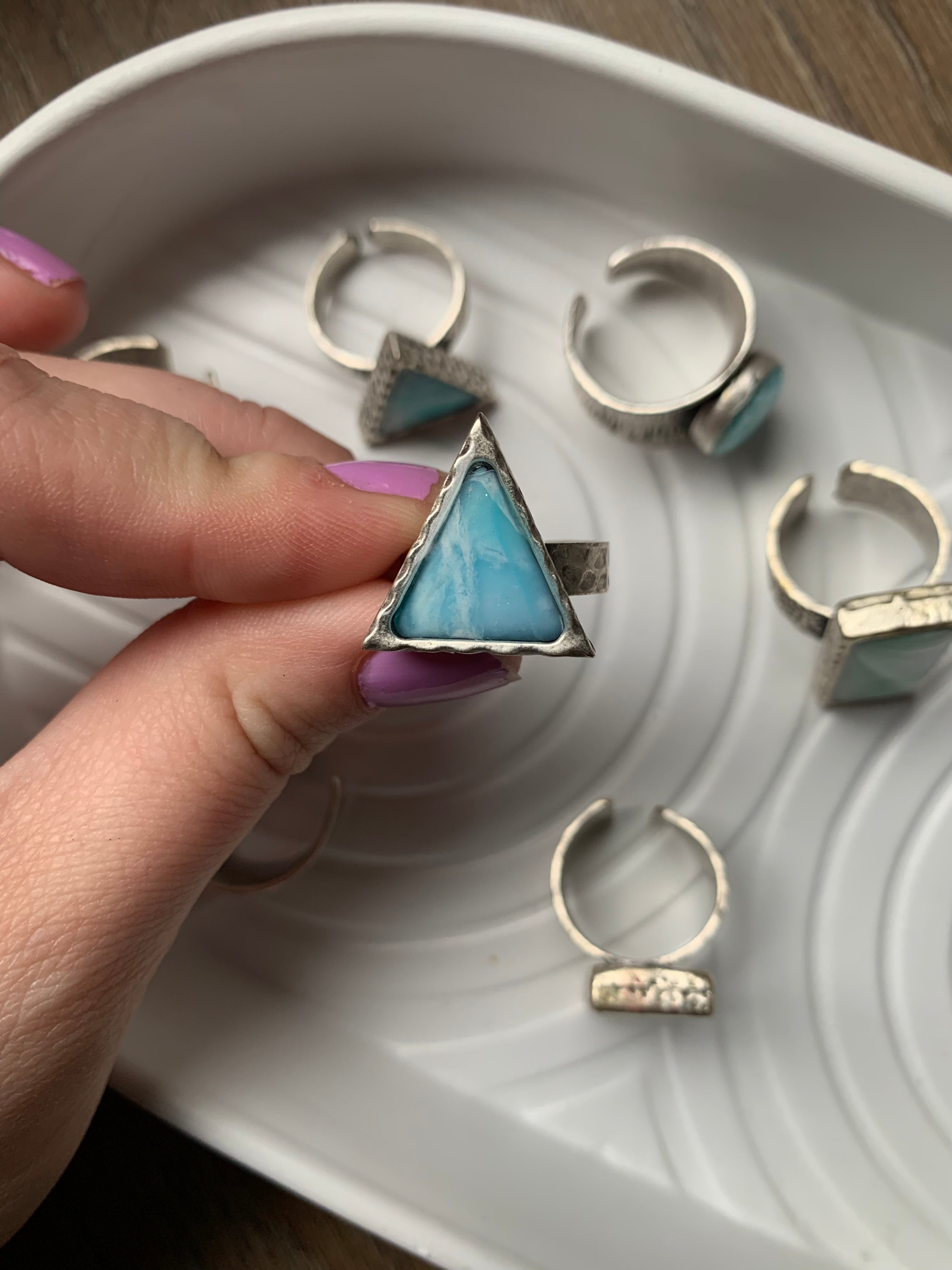 Wide Band Hammered Triangle Silver Larimar Ring
