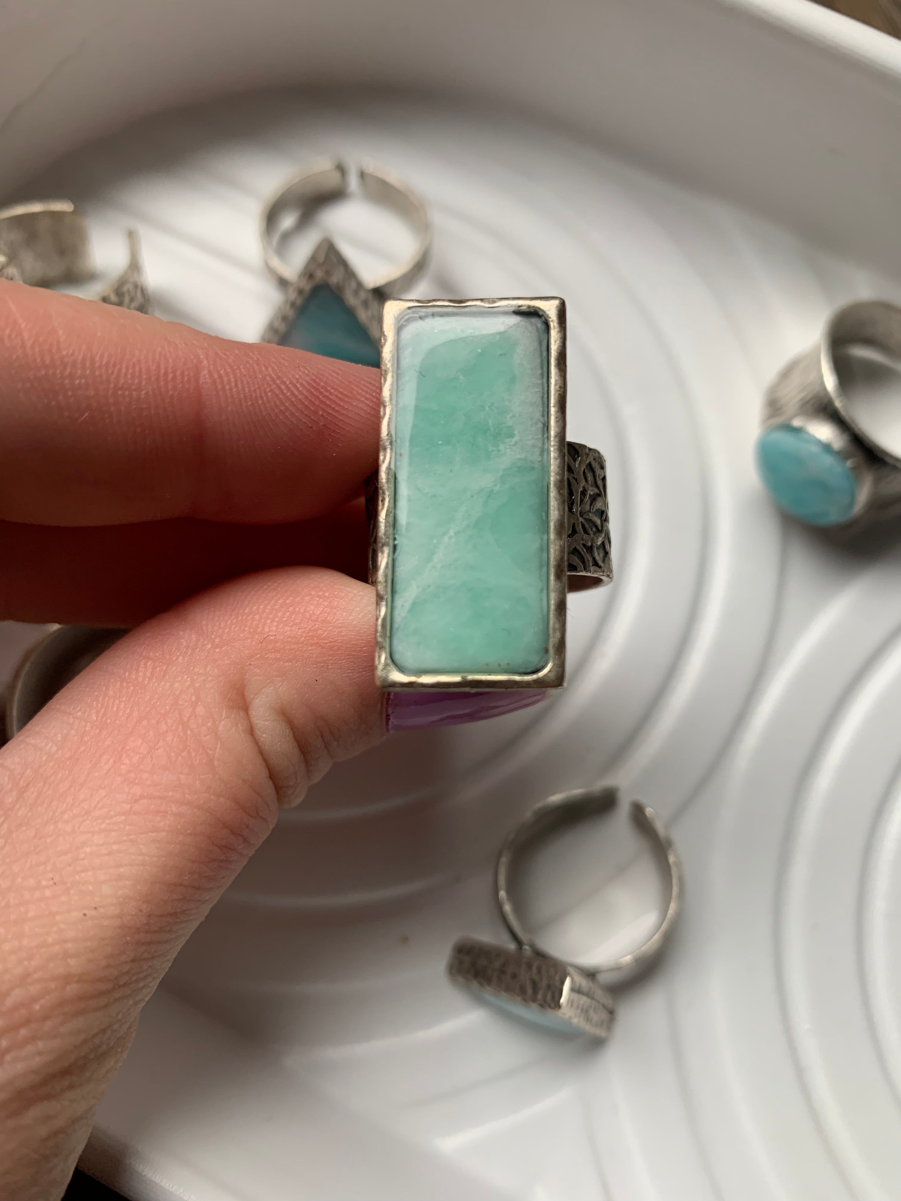 Wide Band Hammered Silver Jade Adjustable Ring