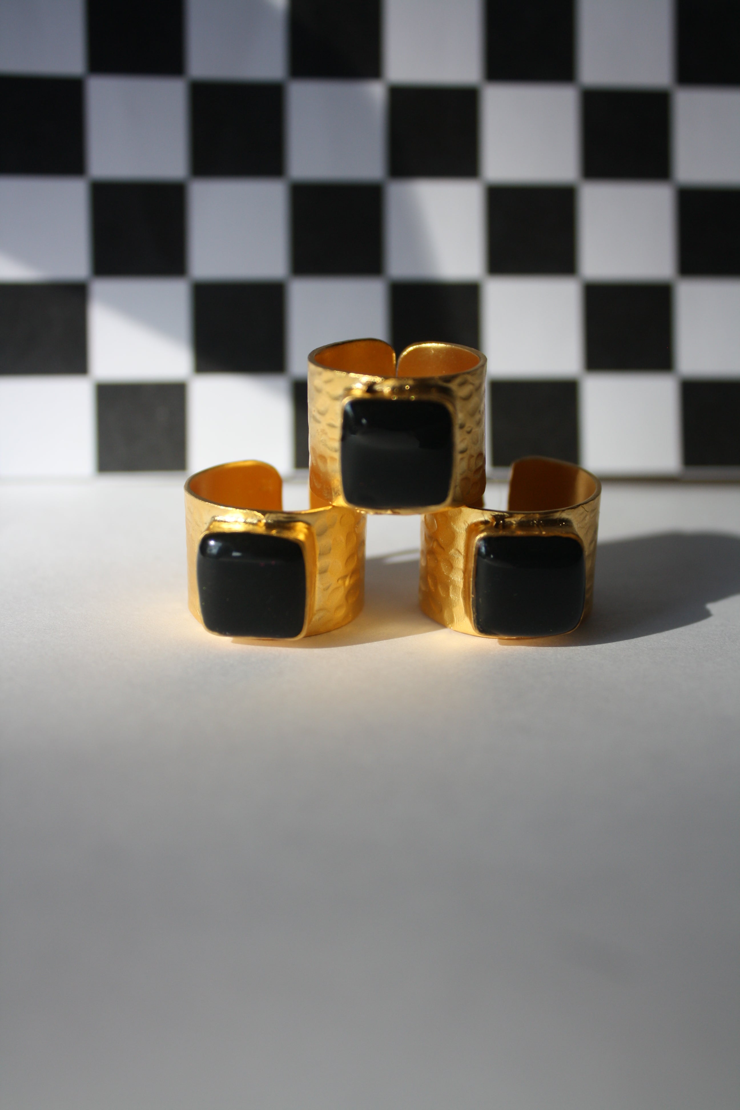Wide Band Hammered Gold Onyx Ring